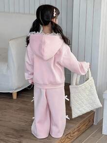 DAZY 2pcs Young Girls Hooded Bow Lace Cute Fresh Long Sleeve Sweatshirt And Loose Casual Pants Set Fall,Winter - Grey - View 2