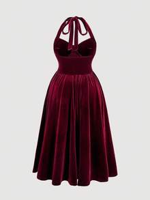 SHEIN MOD 大码天鹅绒挂脖连衣裙、派对晚礼服 - 酒紅色 - 查看 2