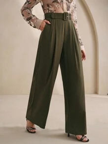 Anewsta 女士优雅高贵百搭飘逸阔腿裤，雪纺垂坠设计，配腰带，商务休闲办公女装 - 軍綠色 - 查看 4
