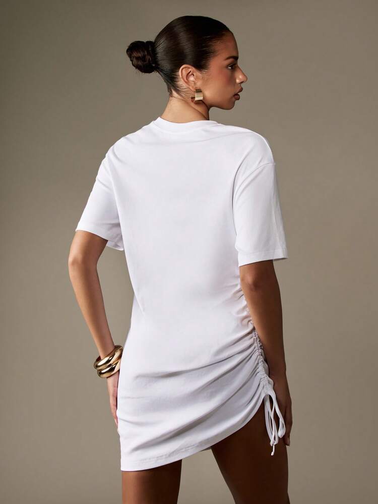 MISSGUIDED Ruched Side T-Shirt Dress Drawstring Detail Minimalist Basic Cotton Jersey Lounge Casual Summer Mini Tunic Length
