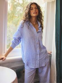 Aralina 睡衣秋冬可爱 Y2K 斯德哥尔摩风格纹理格子泡泡纱超大衬衫，配金色装饰纽扣