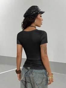 StreetHx Women's Fuchsia Gothic Rhinestone Decor Slim Fit Streetwear Y2K Punk Print Short Sleeve T-Shirt, Suitable For Vacation, Spring/Summer - Black - View 2