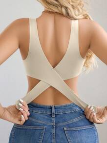 1pc Women Seamless No Padding Elegant Breathable Comfortable Crisscross Back Bandeau Bra Front Closure Brapush Up Sports Bra