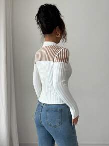 Elenzga Elegant White Long Sleeve Crochet And Organza Patchwork Sweater, Vintage Style Women Knitted Pullover For Back To School And Outings, Autumn/Winter Fall - White - View 2