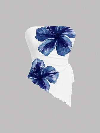 SHEIN MOD Top tube asymétrique imprimé fleurs de lys bleu décontracté pour femmes, convient pour l'été, la plage, les festivals de musique, les vacances de printemps