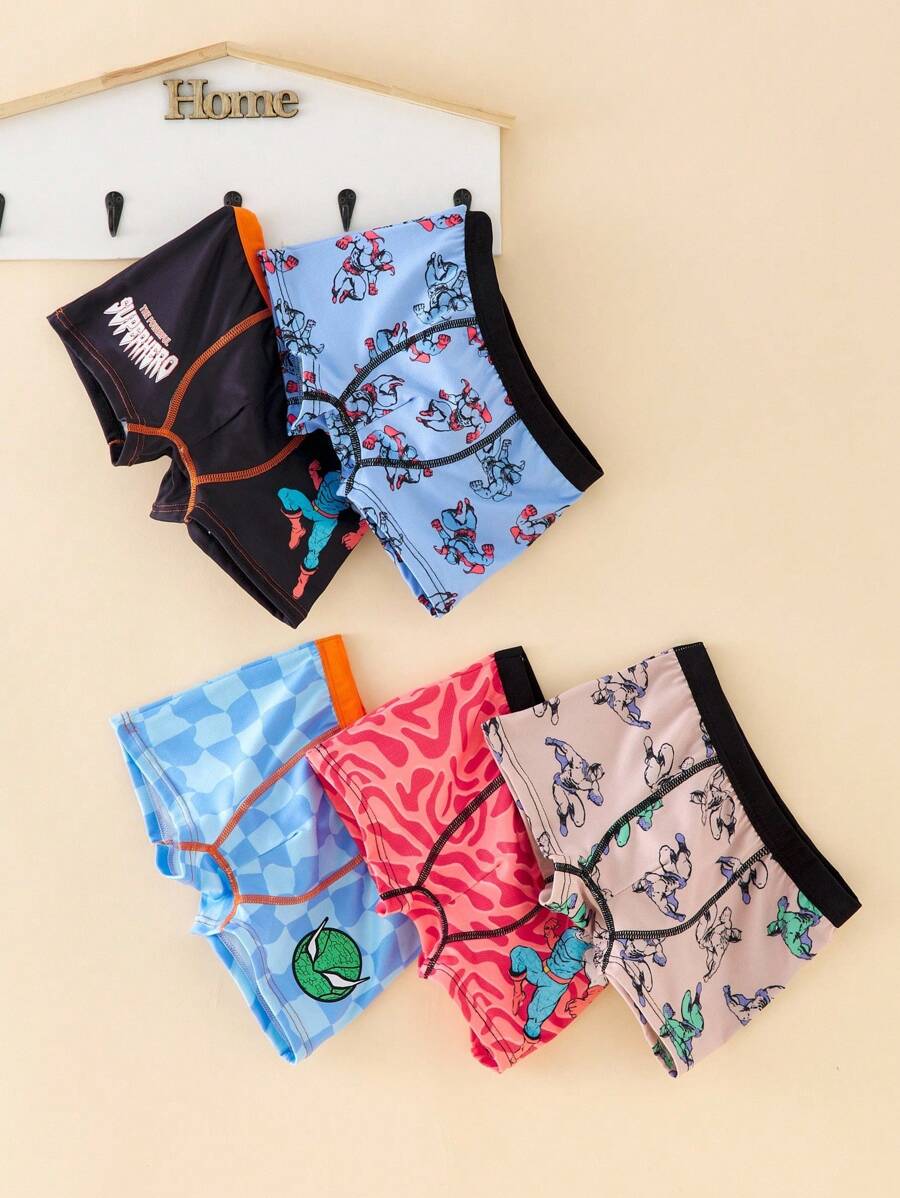 5 件装男童超级英雄图案印花透气平角内裤，休闲街头风内裤 - 彩色 - 查看 1