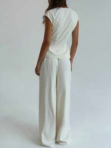 Aloruh Minimalist Commuter Outfit: Beige Metal Buckle Decor Office Lady Shirt + High-Waisted Wide Leg Mid-Calf Pants 2 Pieces Set For Women - Apricot - View 8