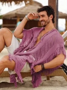 Manfinity RSRT 男士海滩度假休闲流苏开衫，秋季