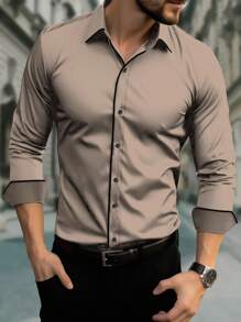 SHEIN Manfinity Mode 男士单排扣长袖衬衫 棕色衬衫，摩卡色衬衫，秋季