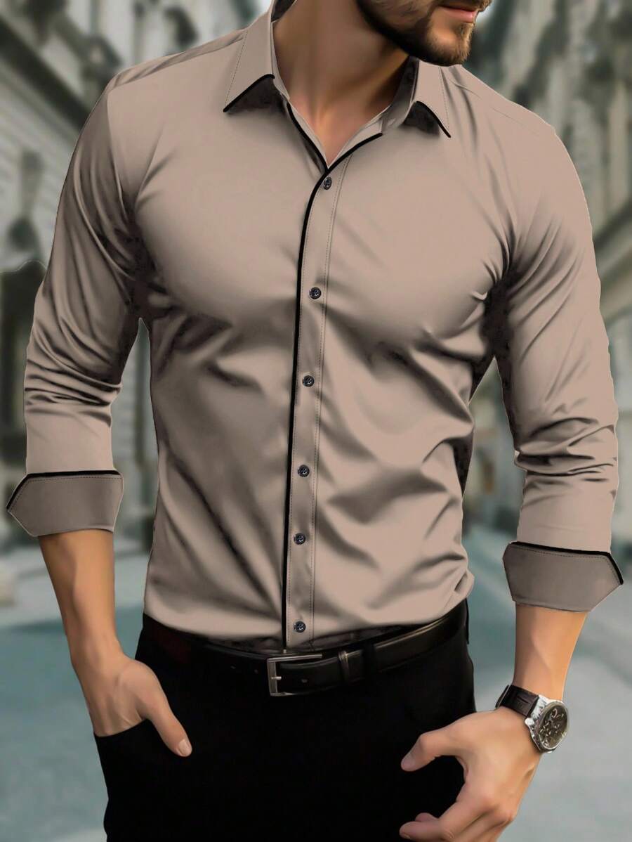 SHEIN Manfinity Mode 男士单排扣长袖衬衫 棕色衬衫，摩卡色衬衫，秋季