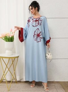 Al Najma 女式宽松撞色镶边圆领土耳其长裙，传统阿拉伯风格 - 藍色 - 查看 2