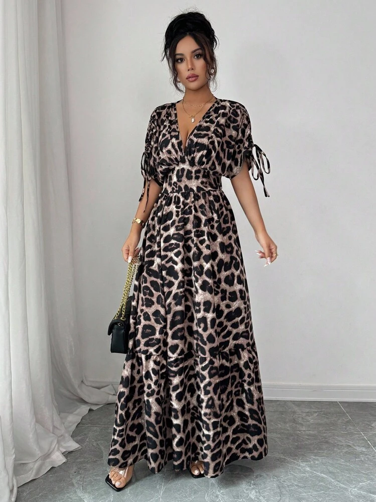 SHEIN Elenzya Women's V-Neck Cinched Waist Leopard Print Flared Mid-Sleeve Long Dress - Khaki - View 3