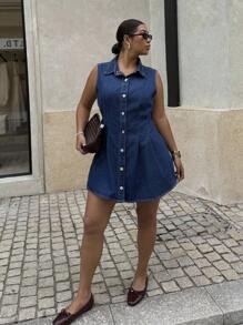 Dripcurv Plus Size Summer Casual Front Button Sleeveless Denim Dress, Spring/Autumn,Only Cute Summer Holiday Elegant Vacation Romantic Curve Farmhouse