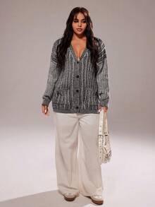 Rustia Casual V-Neck Single-Breasted Drop Shoulder Loose Knit Cardigan Jacket With Pockets, Street Style, Autumn/Winter Fall Cloth For Women - Grey - View 6