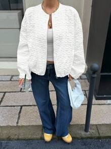 Muchica Plain White Round Neck Bomber Jacket With Regular Hem For Everyday Style White Textured Jacket White Bomber Jacket In Fall/Winter - White - View 7