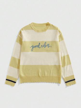 Street Life Suéter casual de cuello redondo para hombres con patrón de rayas y letras