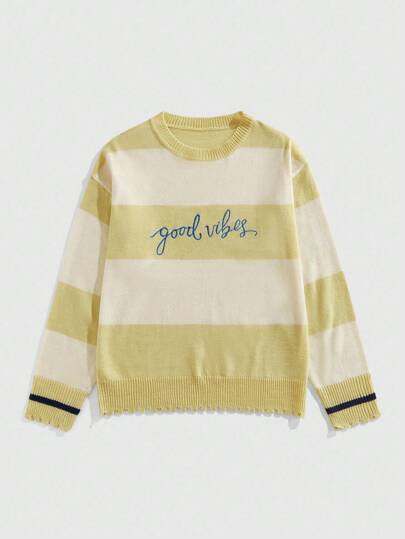 Street Life Suéter casual de cuello redondo para hombres con patrón de rayas y letras