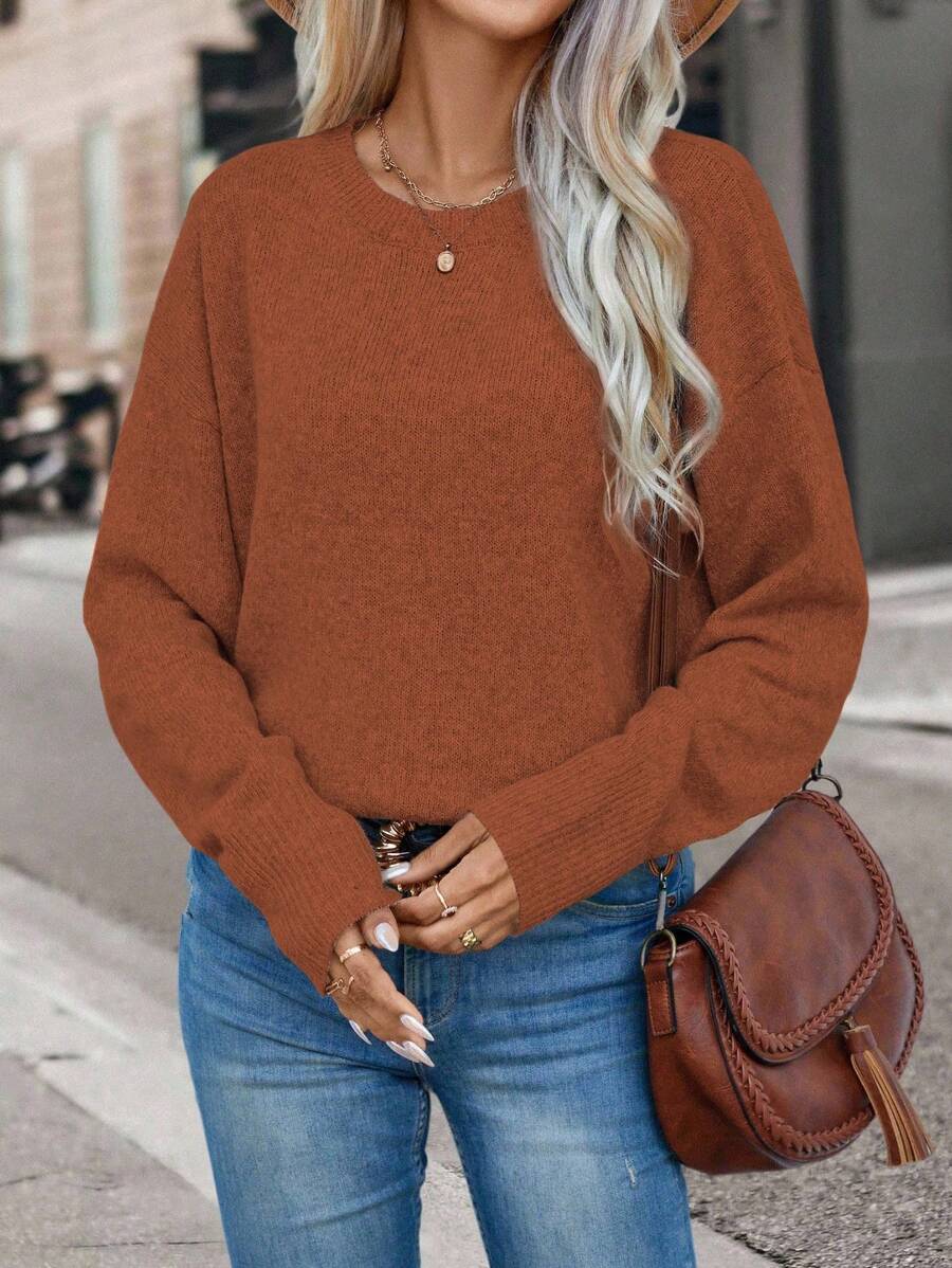 EMERY ROSE Casual Solid Color Dropped Shoulder Loose Knit Sweater Knit Pullover Fall Winter - Rust Brown - View 1