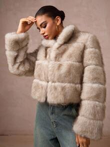 Lumalex 秋冬季宽松长袖短款仿皮草外套，适合假日度假、新年派对、夜间外出约会 - 摩卡棕 - 查看 10