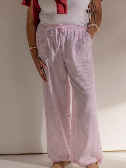 Aralina Curve Winter Fall Ruffle Hem Stripe Draw Cord Pull On Pant, Clothes For Plus Size, Autumn Clothes, Y2K, Cute Shorts, Streetwear Women