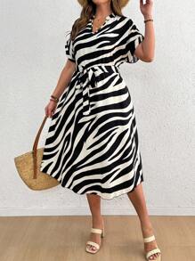 SHEIN CURVE+ 大码女式休闲日常斑马纹连衣裙 - 彩色 - 查看 6