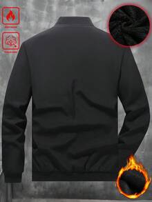 Manfinity Homme Men's Plus Size Solid Color Fleece Baseball Jacket,Winter Warming Zip-Up Collar Long Sleeve Casual Black Jacket,Modest Style For Date And Fall - Black - View 2
