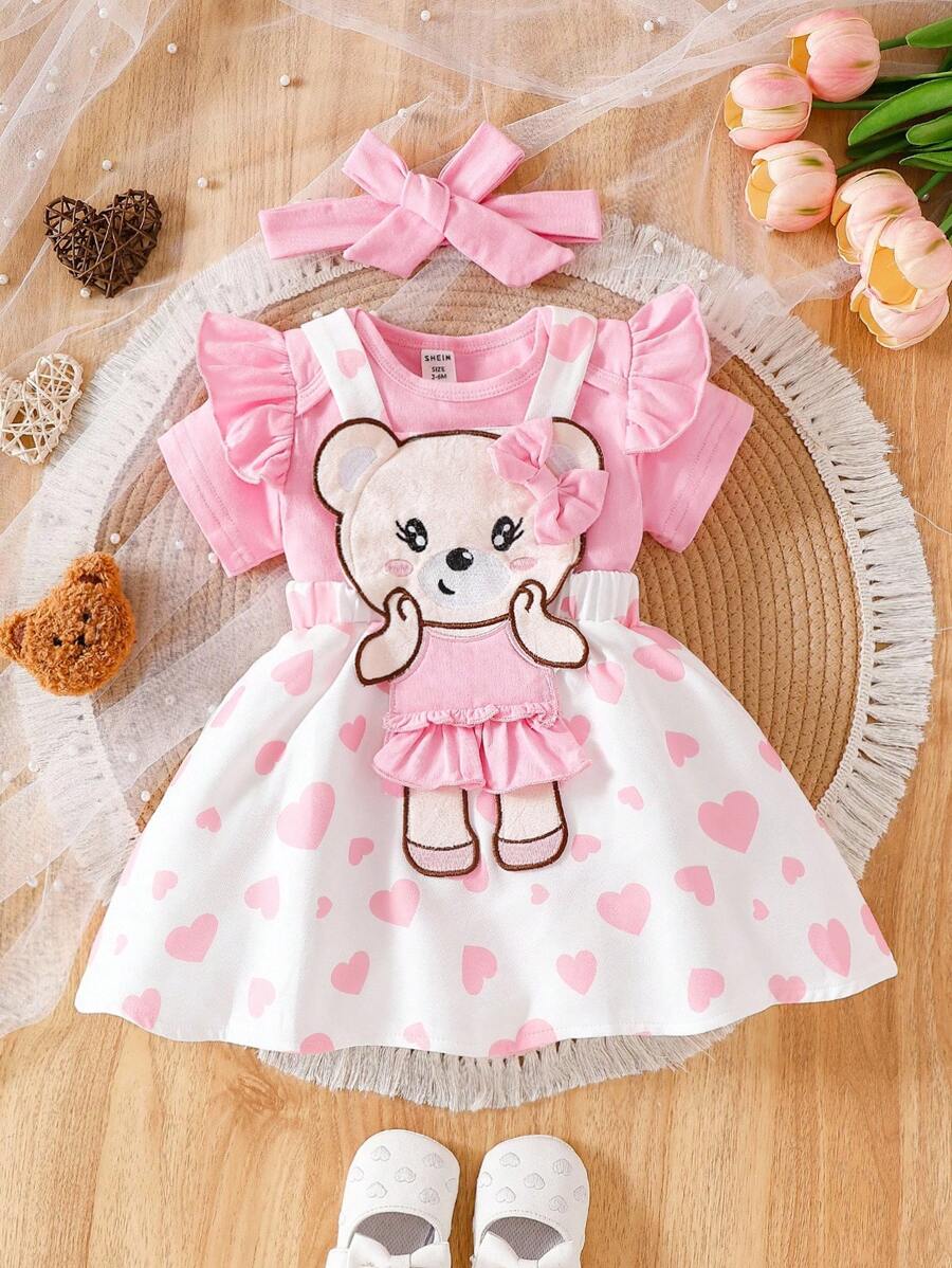 SHEIN Vintaside Kids 女婴红色可爱小熊连体衣配吊带裙 - 粉色 - 查看 1