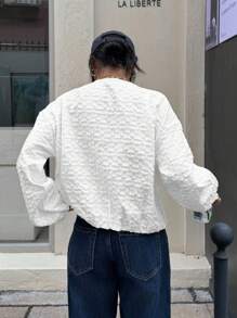 Muchica Plain White Round Neck Bomber Jacket With Regular Hem For Everyday Style White Textured Jacket White Bomber Jacket In Fall/Winter - White - View 2