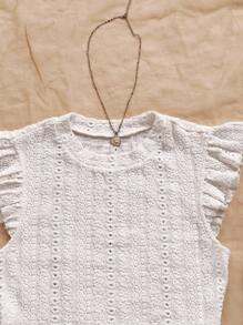 Soleia WYWH Vacation Ruffle Trim Ribbed White Knit Tee White Eyelet Top - Beige - View 6