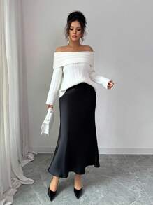 Elenzga 女士罗纹优雅休闲百搭假日针织毛衣，适合秋冬季 - 米色 - 查看 6