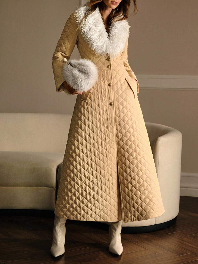 CONTRAST FAUX FUR BUTTON UP PLAID LONG PADDED COAT