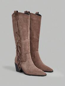 Ontre French Niche Tassel Long Boots For Women, Fashionable Wide Shaft Slimming Versatile Knee-High Boots For Autumn/Winter