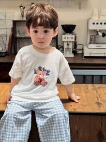 Hapijoa 2 件套幼儿男童卡通印花休闲圆领 T 恤和格子裤家居服套装 - 白色 - 查看 8