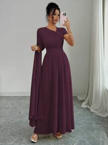 Selianne 女士雪纺衬里优雅不对称肩部、领口、袖子褶皱腰连衣裙，适合下午茶派对，春夏季