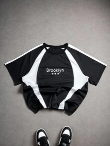 Manfinity Campus Court 年轻休闲黑白拼布刺绣T恤 - 黑與白 - 查看 1