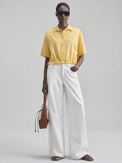 Women's Solid Color Drawstring Waist Shirt, Casual Short Sleeve Blouse, Elegant Office Wear, Red Top, Basic Shirt, Suitable For Wedding Guest