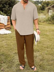Manfinity Homme Bộ đồ thường ngày cho nam, áo thun tay ngắn cổ chữ V màu trơn và quần âu, trang phục thường ngày cho nam - Nhiều màu - Xem 4
