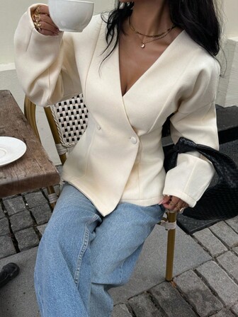 Siren Gaze Autumn Solid Color Double Button Placket Coat ,Suitable For Daily Street Wear,Surplice Neck,Coat,Cream Women,Casual Slim Jacket For Autumn/Winter,Falls Women,Fall Women Clothes , Women Going Outs French Style Clothes, Casual Spring