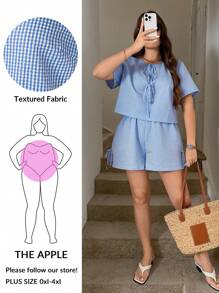 SHEIN LUNE 大码女式格子印花返校装女式前领带衬衫商务休闲女式曲线短裤返校节两件套秋季女装老款 - 藍白色 - 查看 2