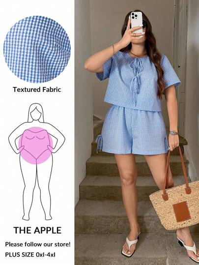 SHEIN LUNE Conjunto de 2 piezas de ropa de mujer de talla grande con estampado de cuadros, camisa con nudo delantero, pantalón corto, estilo casual de negocios, para regreso a clases, homecoming, otoño, estilo "old money" para mujer