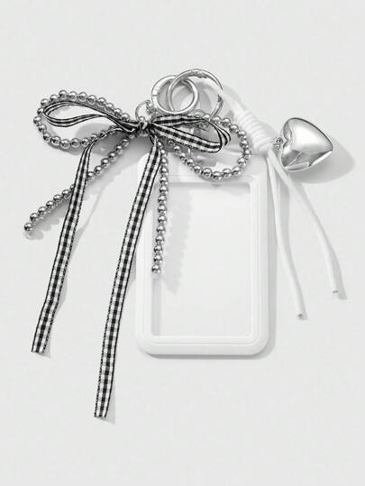 Kawaii 1pc Y2K Minimalist Versatile High-Quality Handmade Beaded Silver CCB Plaid Ribbon Bow Heart Woven Acrylic Card Holder Keychain Bag Charm, Suitable For Office Workers, Students, Daily Wear, Holiday Gift