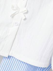 2 件套女童时尚可爱蝴蝶结装饰长袖衬衫和休闲编织格子裤套装 - 藍白色 - 查看 5