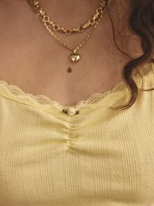 Aralina Sleepwear Fall Winter Cute Basic Butter Yellow Piointelle Cami Top With Ruched Front And Rosette Detail - Mustard Yellow - View 3