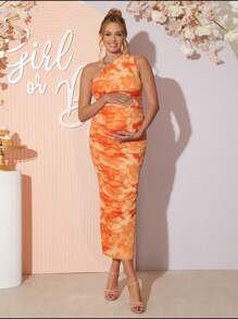 Loomaby Tie Dye Sleeveless Maternity Dress, Stylish Fitted Casual Summer Orange Dress - Orange - View 6