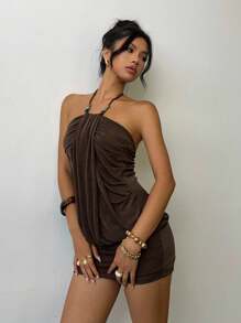 Aloruh 女式纯色褶饰串珠吊带迷你连衣裙，时尚夏季 - 咖啡 - 查看 8