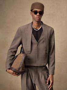 AKNOTIC Business Casual Bộ vest nam 2 món màu nâu cà phê, chất liệu dệt kim, dáng ôm, tay dài và quần ống đứng cạp chun, thích hợp cho mùa hè, mùa thu, kỳ nghỉ, đám cưới, tiệc tùng, quà tặng tốt nghiệp. - Cà phê nâu - Xem 5