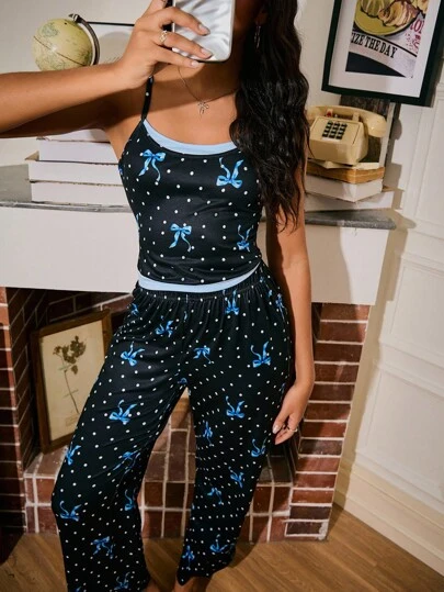 Conjunto de pijama de mujer de 2 en 1 con estampado de lunares y moño en contraste de color, estilo retro dulce