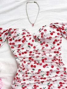 Soleia Off The Shoulder Vacation Knit Mesh Off Shoulder Bodycon Dress For Women Cherry Print Dress Off The Shoulder Dress Ruched Dress