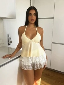 Lucia Bellido Summer Going Out A Pendulum Crisscross Tie Backless Halter Top - Beige - View 3