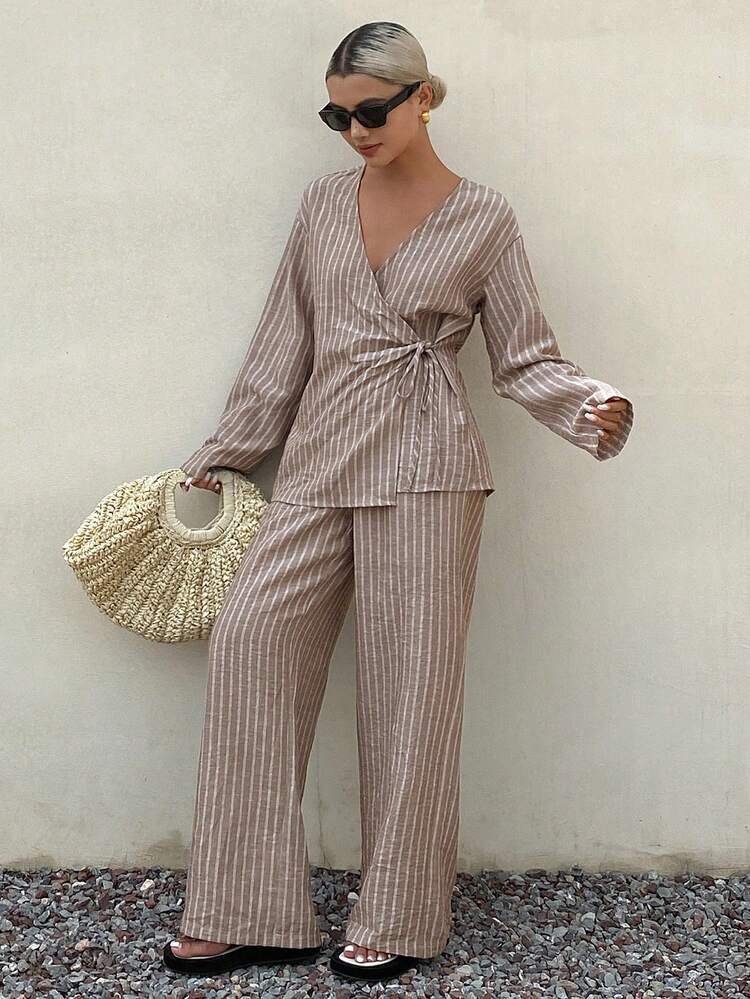 2pcs/Set Women Casual Loose Striped Outfit, Autumn/Winter